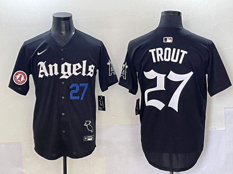 Men 2025 Los Angeles Angels #27 Trout Black Five generations Joint Name Nike MLB Jersey style 10->los angeles angels->MLB Jersey